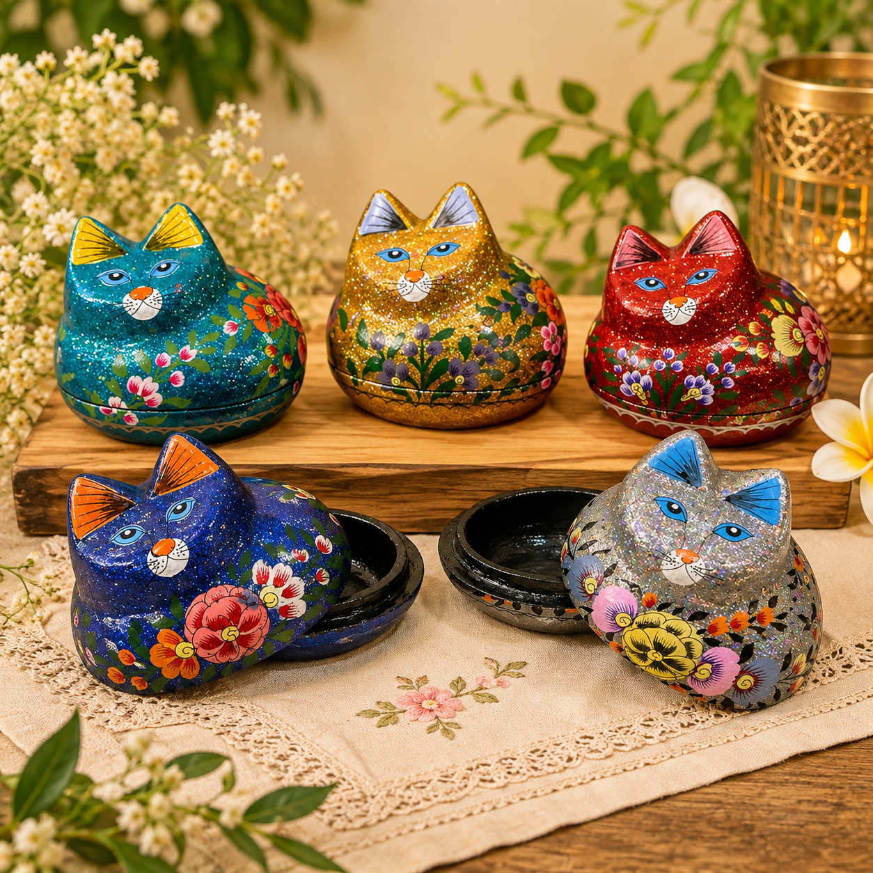 Paper mache cat box, Set of 5 , Hand painted Easter Decoration, handmade cat box, paper mache box, paper mache trinket box, kashmiri paper mache box